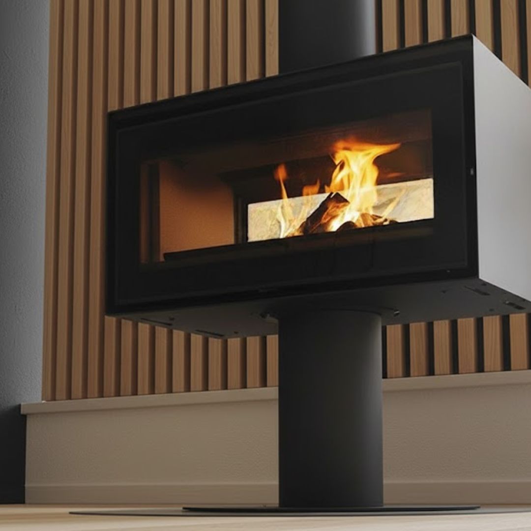 Modern freestanding fireplace with flames inside, set against a neutral wall.