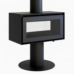 Black freestanding fireplace with glass door on a white background