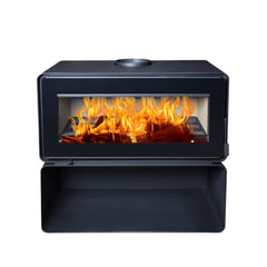 Modern black fireplace with visible flames on a white background
