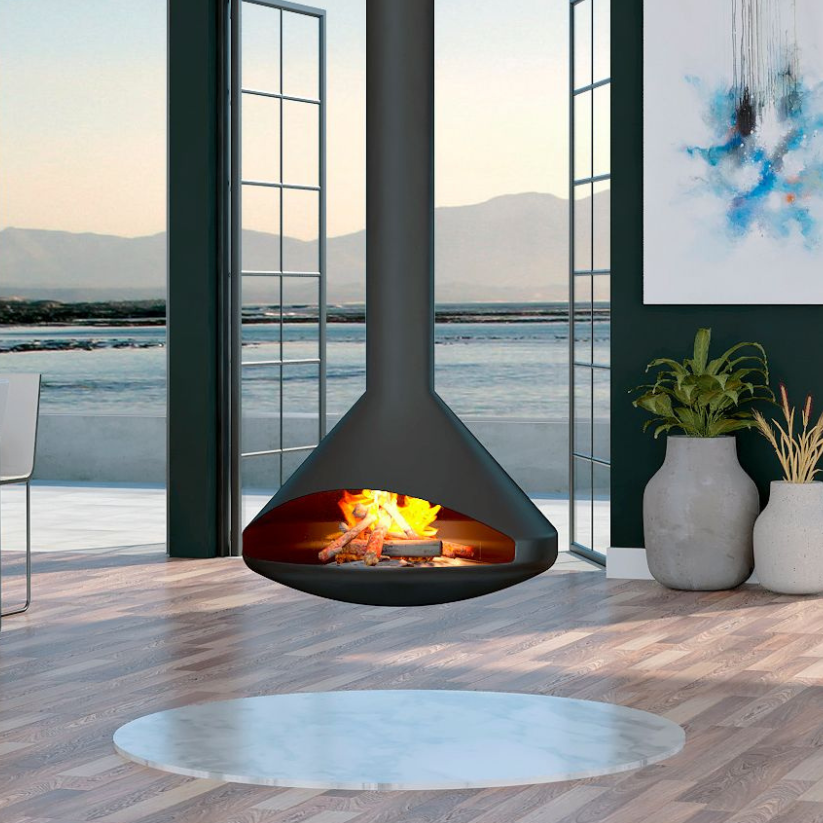 Cone Suspended Fireplace is crafted from carbon steel