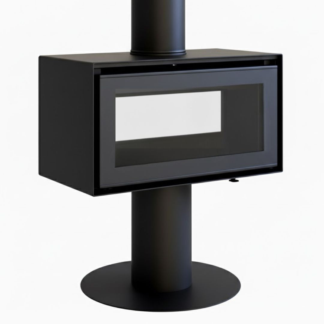 Black freestanding fireplace with glass door on a white background