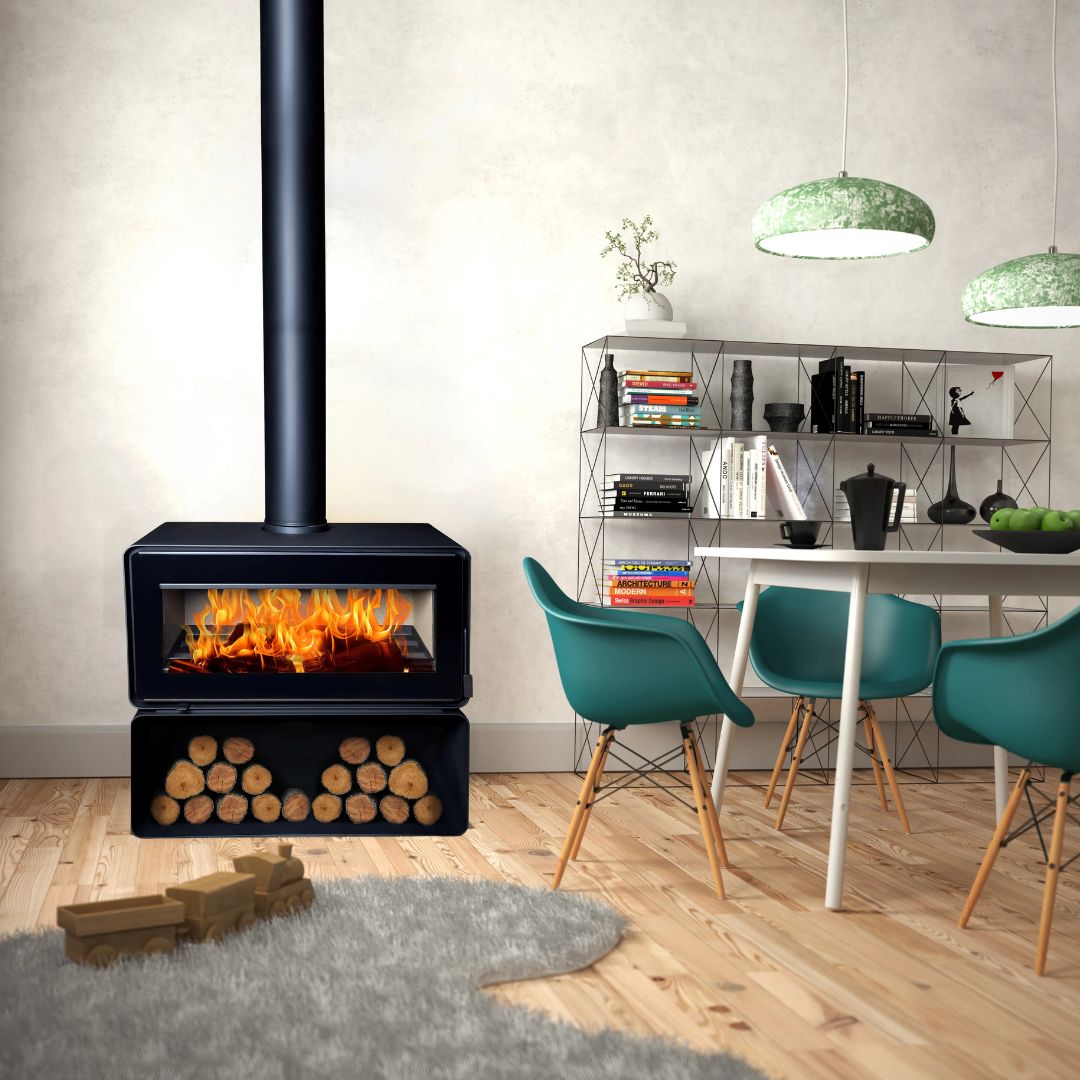 Modern living room with a black stove, teal chairs, and a white dining table.