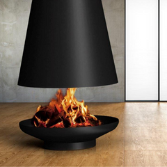 the Silo Suspended Fireplace is constructed from carbon steel and boasts a matte black finish.